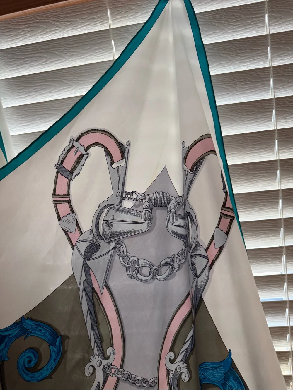 140 CM Hermès Silk Scarf in Teal, Pink, Gray and Cream